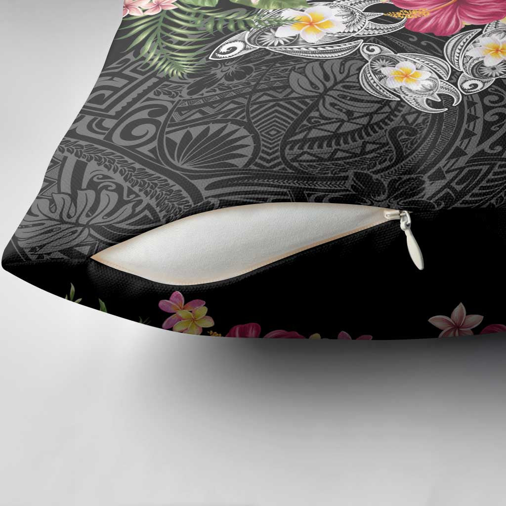 Hawaiian Tropical Flowers and Tribal Turtles Pillow Cover Polynesian Art Motifs Black Color - Polynesian Pride