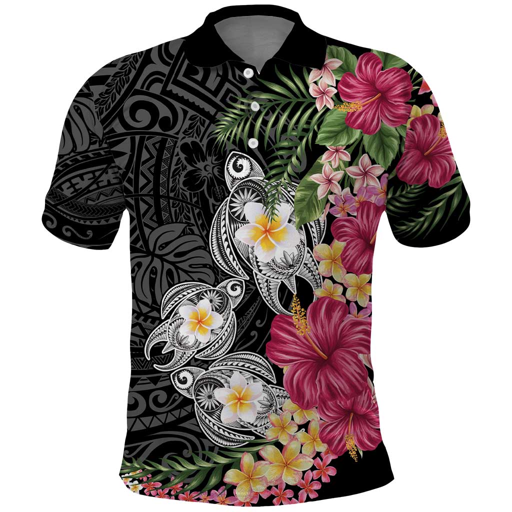 Hawaiian Tropical Flowers and Tribal Turtles Polo Shirt Polynesian Art Motifs Black Color - Polynesian Pride