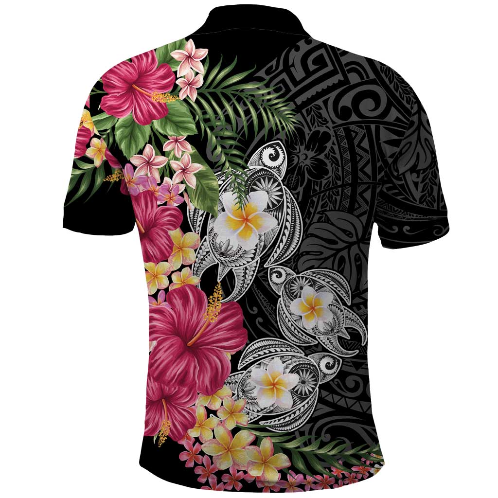 Hawaiian Tropical Flowers and Tribal Turtles Polo Shirt Polynesian Art Motifs Black Color - Polynesian Pride