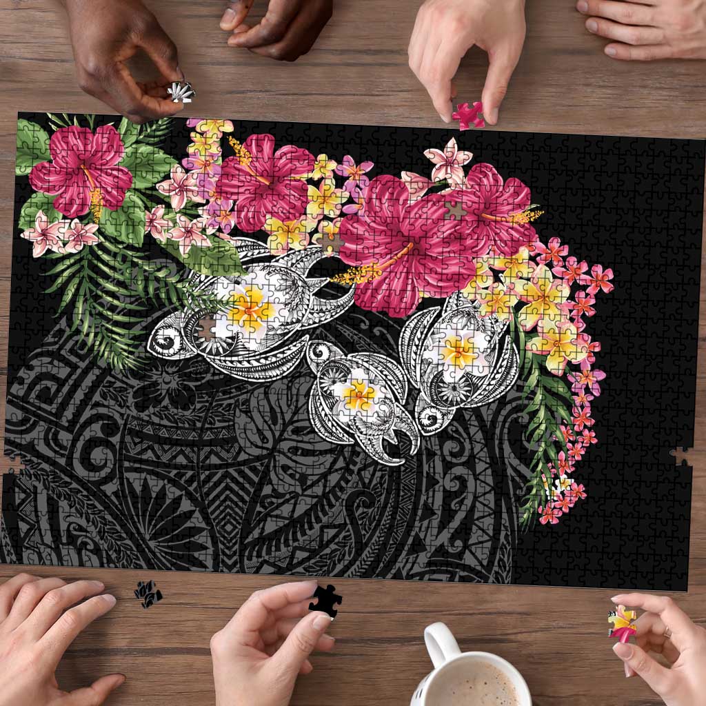 Hawaiian Tropical Flowers and Tribal Turtles Puzzle Polynesian Art Motifs Black Color - Polynesian Pride