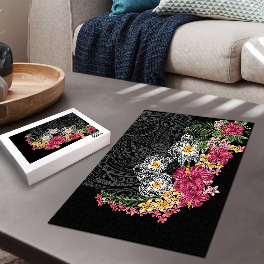 Hawaiian Tropical Flowers and Tribal Turtles Puzzle Polynesian Art Motifs Black Color - Polynesian Pride