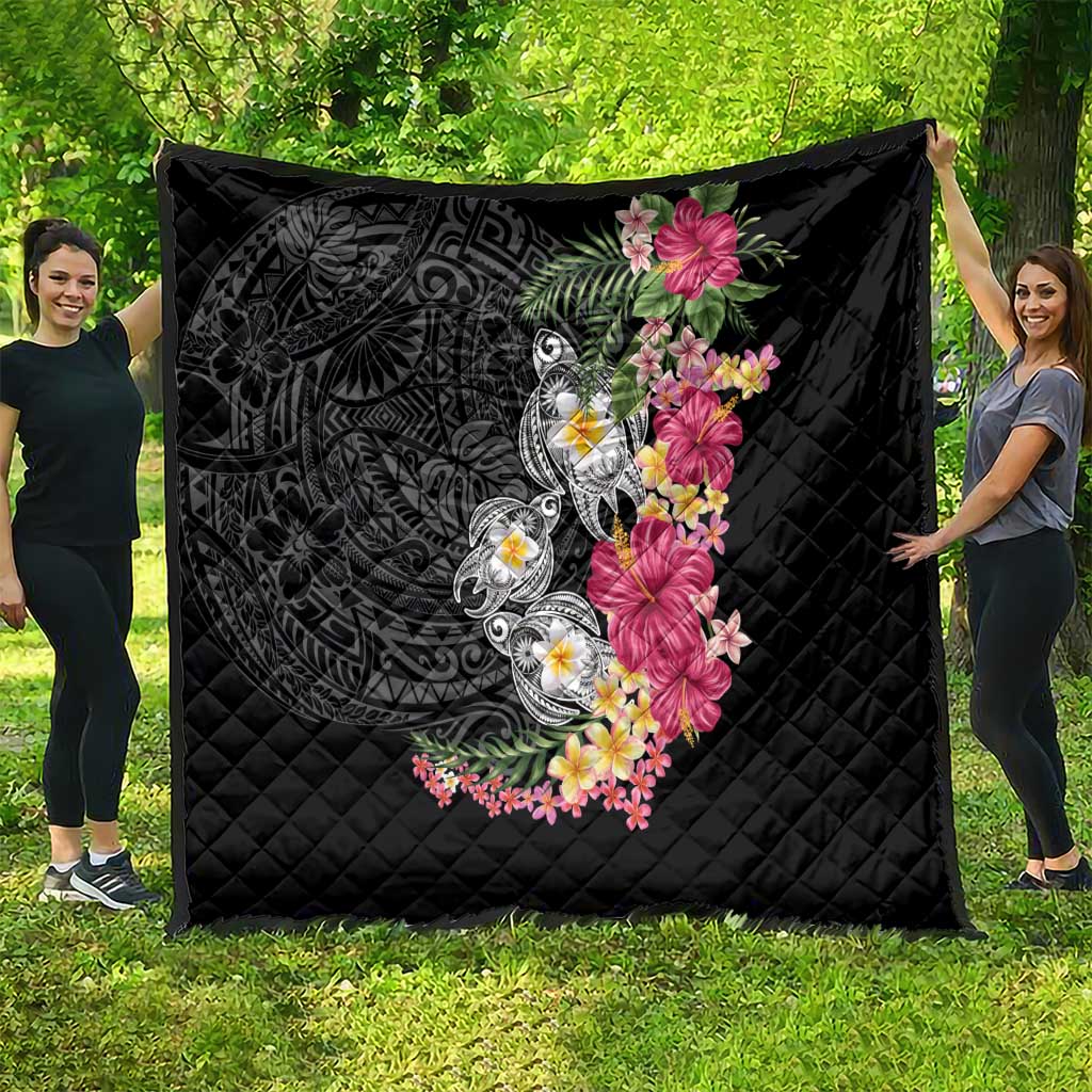Hawaiian Tropical Flowers and Tribal Turtles Quilt Polynesian Art Motifs Black Color - Polynesian Pride