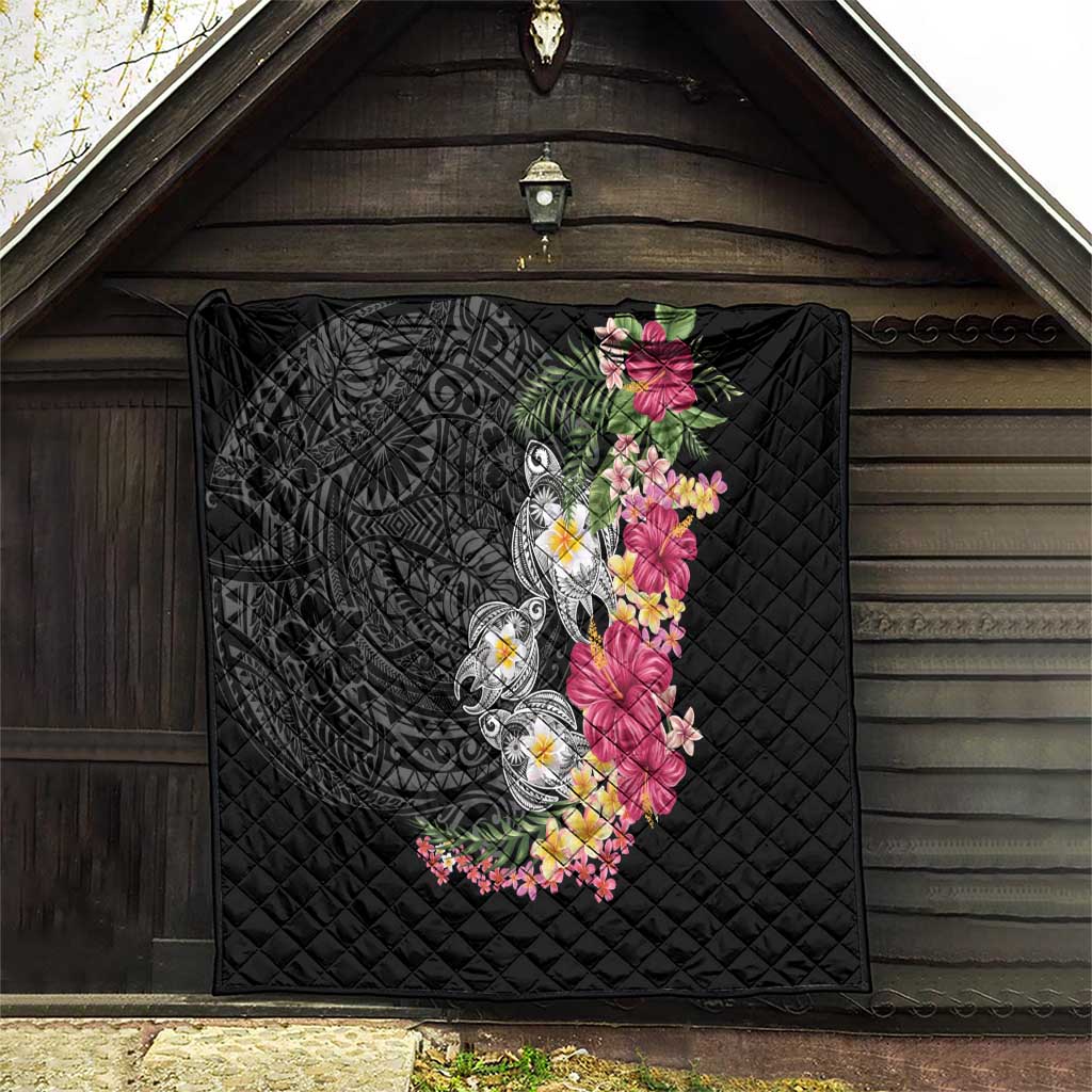 Hawaiian Tropical Flowers and Tribal Turtles Quilt Polynesian Art Motifs Black Color - Polynesian Pride