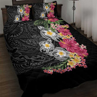 Hawaiian Tropical Flowers and Tribal Turtles Quilt Bed Set Polynesian Art Motifs Black Color - Polynesian Pride
