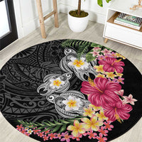 Hawaiian Tropical Flowers and Tribal Turtles Round Carpet Polynesian Art Motifs Black Color - Polynesian Pride