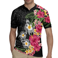 Hawaiian Tropical Flowers and Tribal Turtles Rugby Jersey Polynesian Art Motifs Black Color - Polynesian Pride