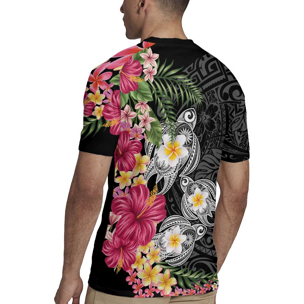 Hawaiian Tropical Flowers and Tribal Turtles Rugby Jersey Polynesian Art Motifs Black Color - Polynesian Pride
