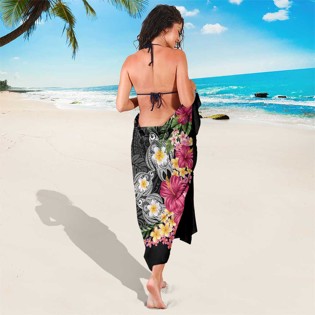 Hawaiian Tropical Flowers and Tribal Turtles Sarong Polynesian Art Motifs Black Color - Polynesian Pride