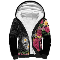 Hawaiian Tropical Flowers and Tribal Turtles Sherpa Hoodie Polynesian Art Motifs Black Color - Polynesian Pride