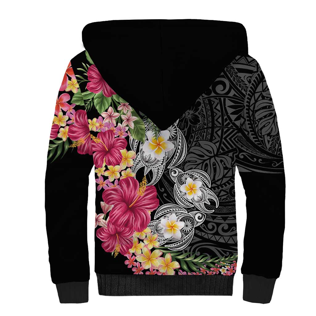 Hawaiian Tropical Flowers and Tribal Turtles Sherpa Hoodie Polynesian Art Motifs Black Color - Polynesian Pride