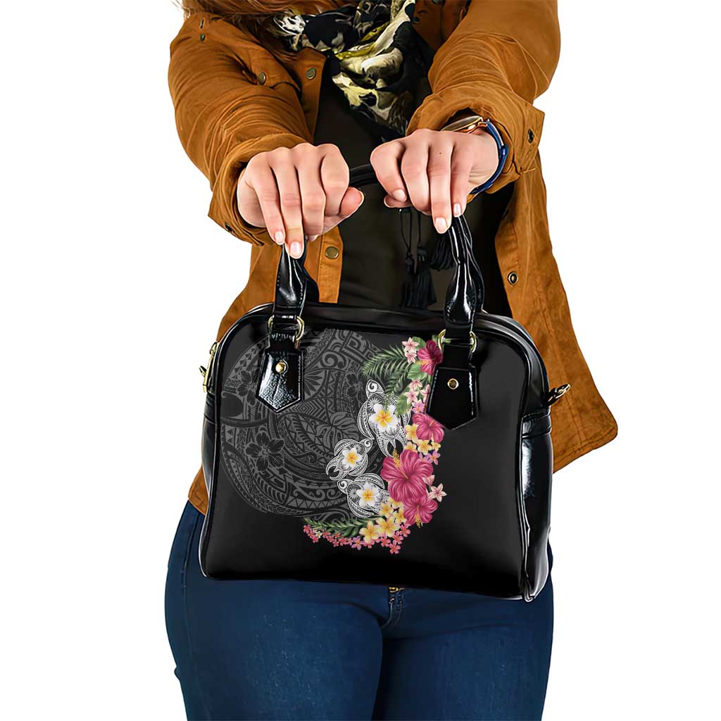Hawaiian Tropical Flowers and Tribal Turtles Shoulder Handbag Polynesian Art Motifs Black Color LT03 One Size Black - Polynesian Pride