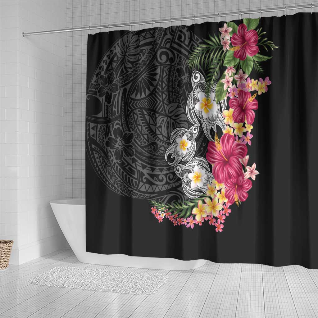Hawaiian Tropical Flowers and Tribal Turtles Shower Curtain Polynesian Art Motifs Black Color - Polynesian Pride