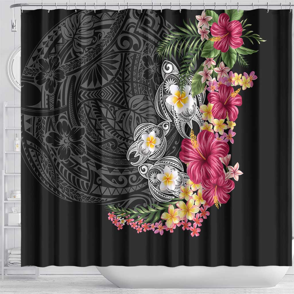 Hawaiian Tropical Flowers and Tribal Turtles Shower Curtain Polynesian Art Motifs Black Color - Polynesian Pride