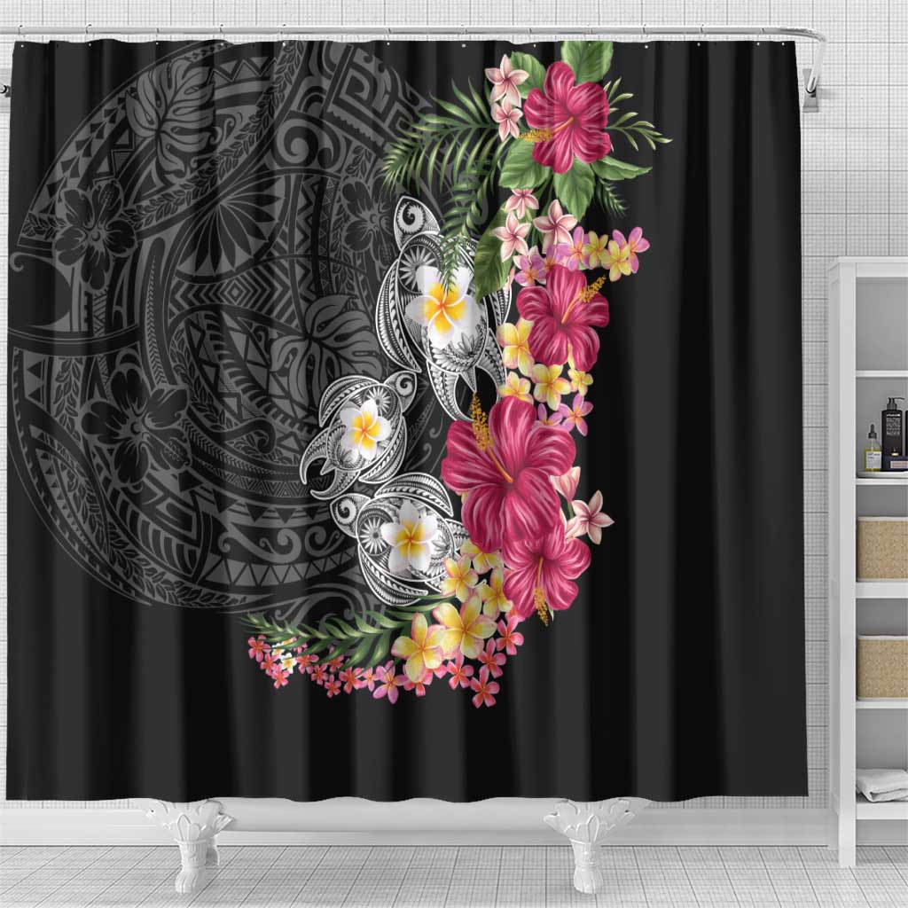 Hawaiian Tropical Flowers and Tribal Turtles Shower Curtain Polynesian Art Motifs Black Color - Polynesian Pride