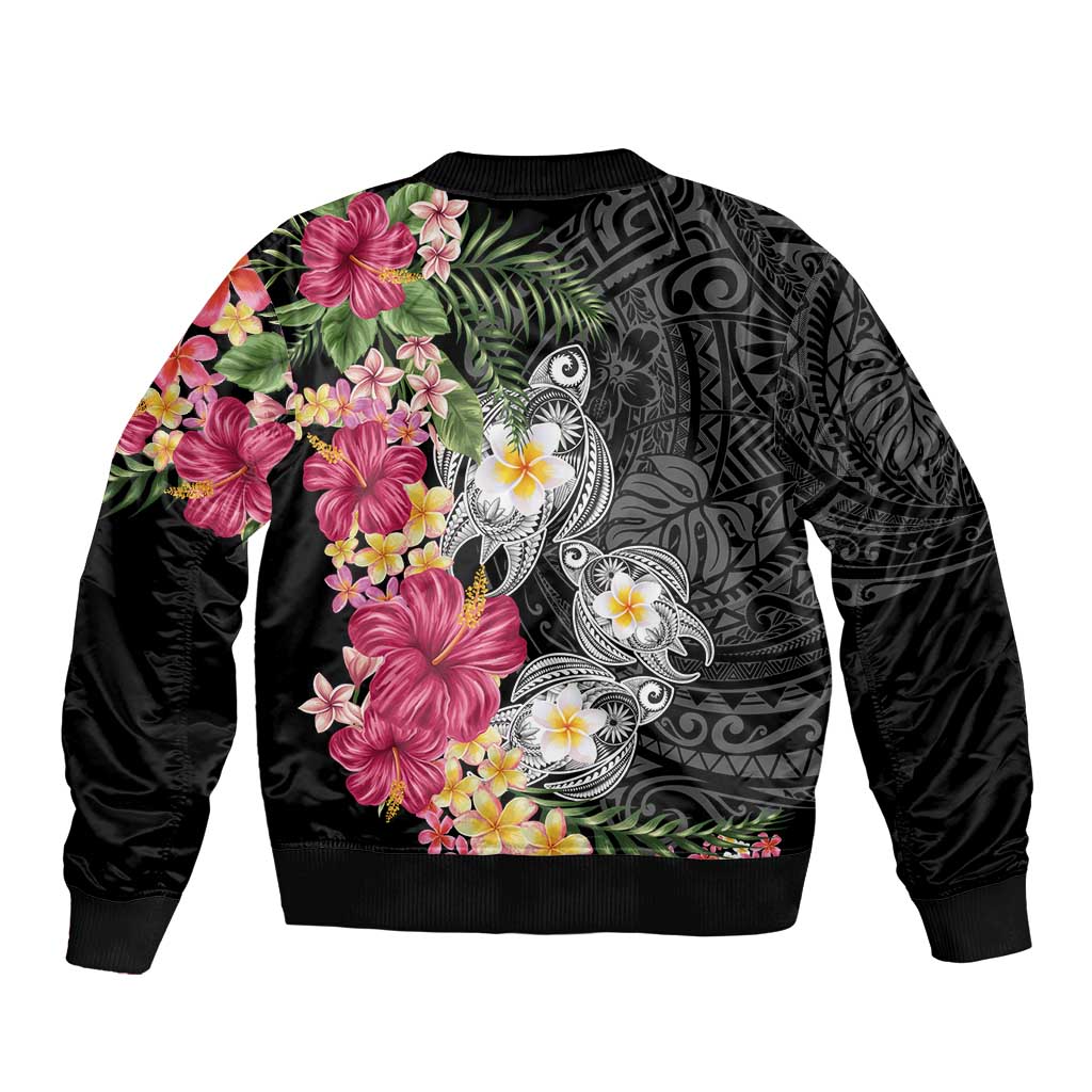 Hawaiian Tropical Flowers and Tribal Turtles Sleeve Zip Bomber Jacket Polynesian Art Motifs Black Color - Polynesian Pride
