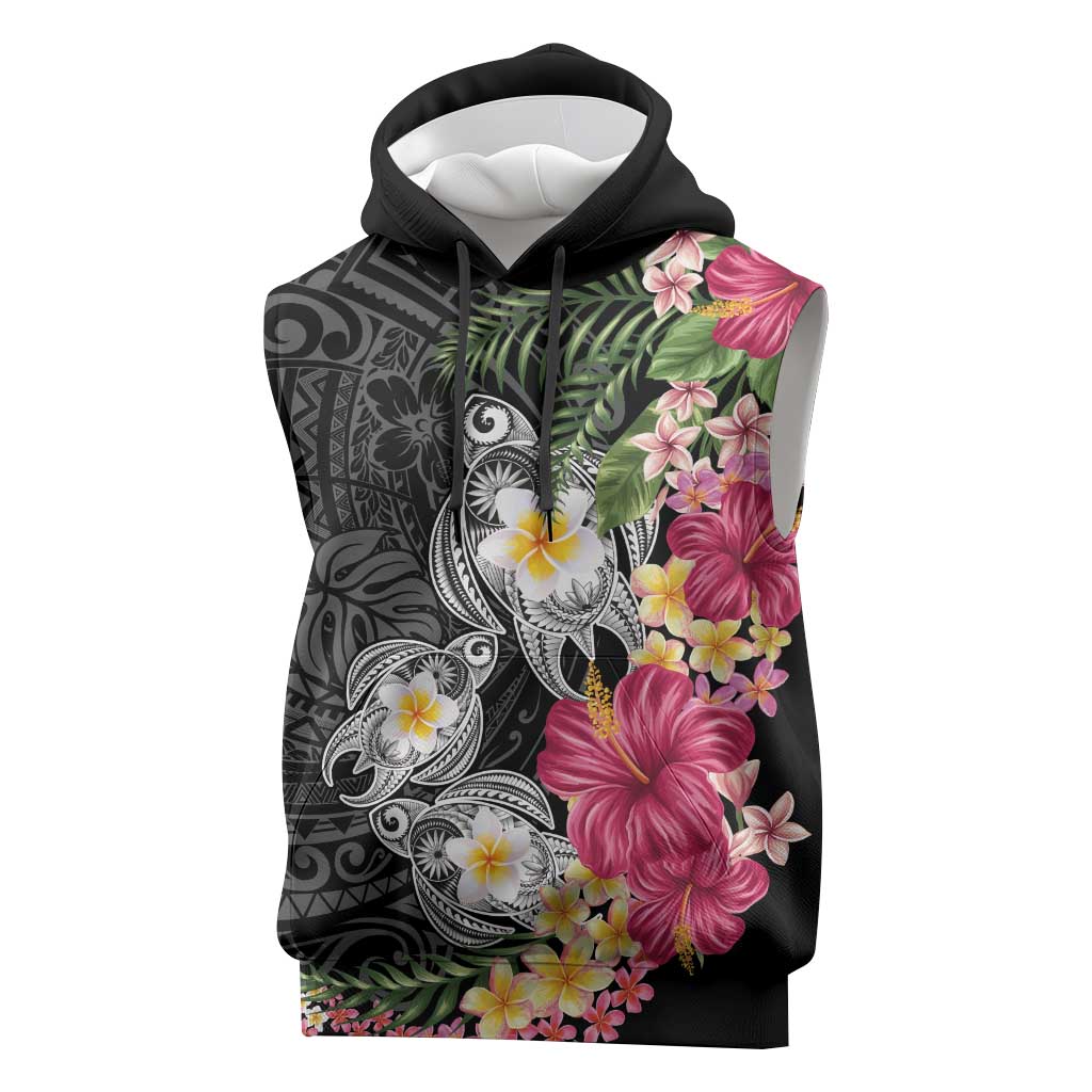 Hawaiian Tropical Flowers and Tribal Turtles Sleeveless Hoodie Polynesian Art Motifs Black Color - Polynesian Pride