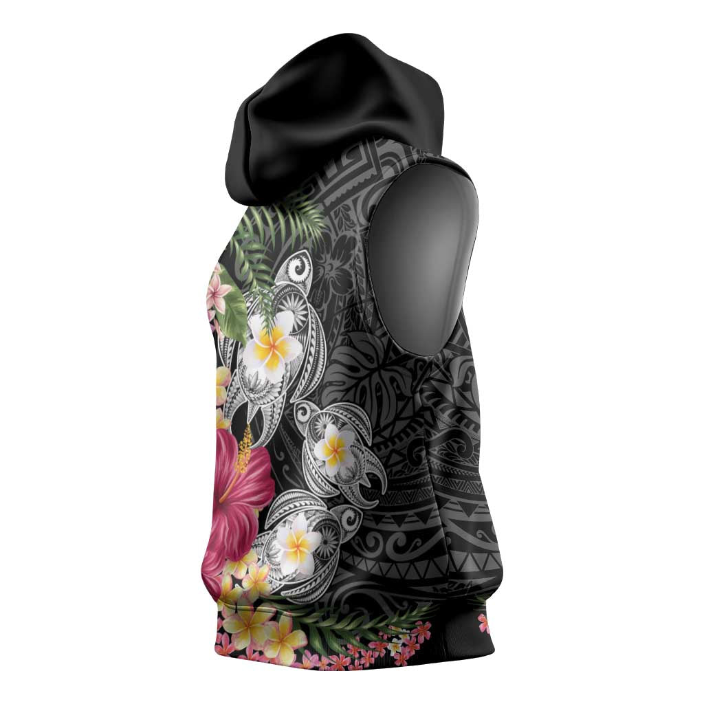 Hawaiian Tropical Flowers and Tribal Turtles Sleeveless Hoodie Polynesian Art Motifs Black Color - Polynesian Pride