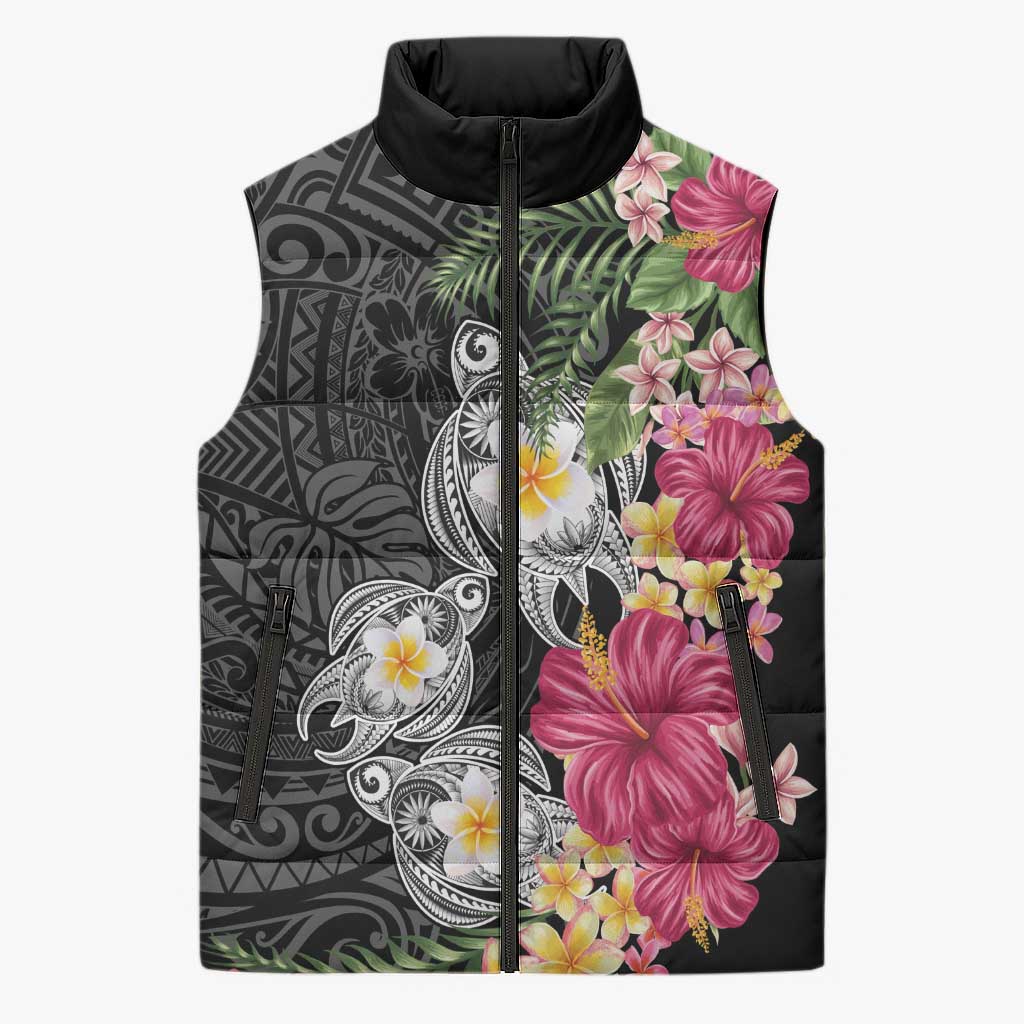 Hawaiian Tropical Flowers and Tribal Turtles Sleeveless Puffer Jacket Polynesian Art Motifs Black Color - Polynesian Pride