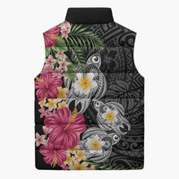 Hawaiian Tropical Flowers and Tribal Turtles Sleeveless Puffer Jacket Polynesian Art Motifs Black Color - Polynesian Pride