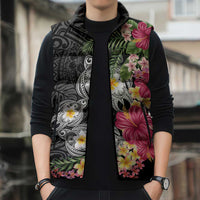 Hawaiian Tropical Flowers and Tribal Turtles Sleeveless Puffer Jacket Polynesian Art Motifs Black Color - Polynesian Pride