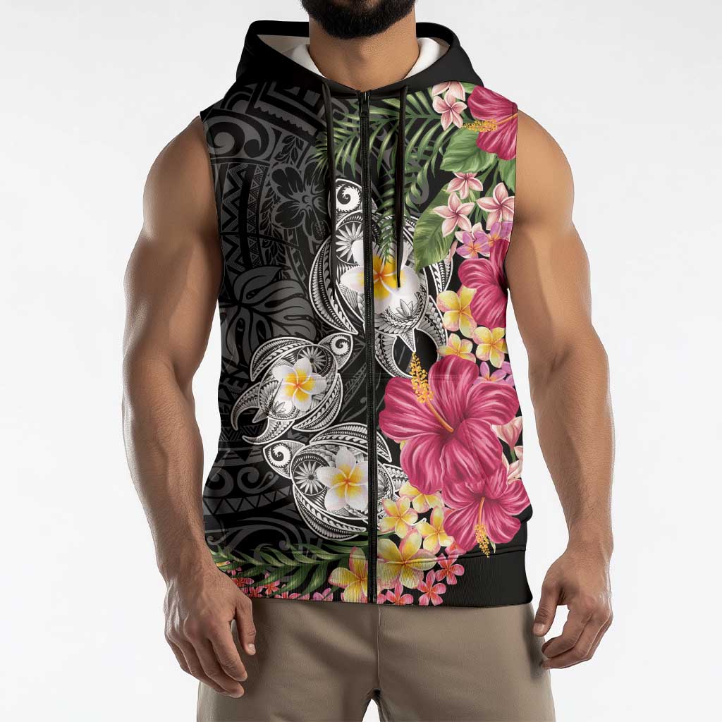 Hawaiian Tropical Flowers and Tribal Turtles Sleeveless Zip Hoodie Polynesian Art Motifs Black Color - Polynesian Pride