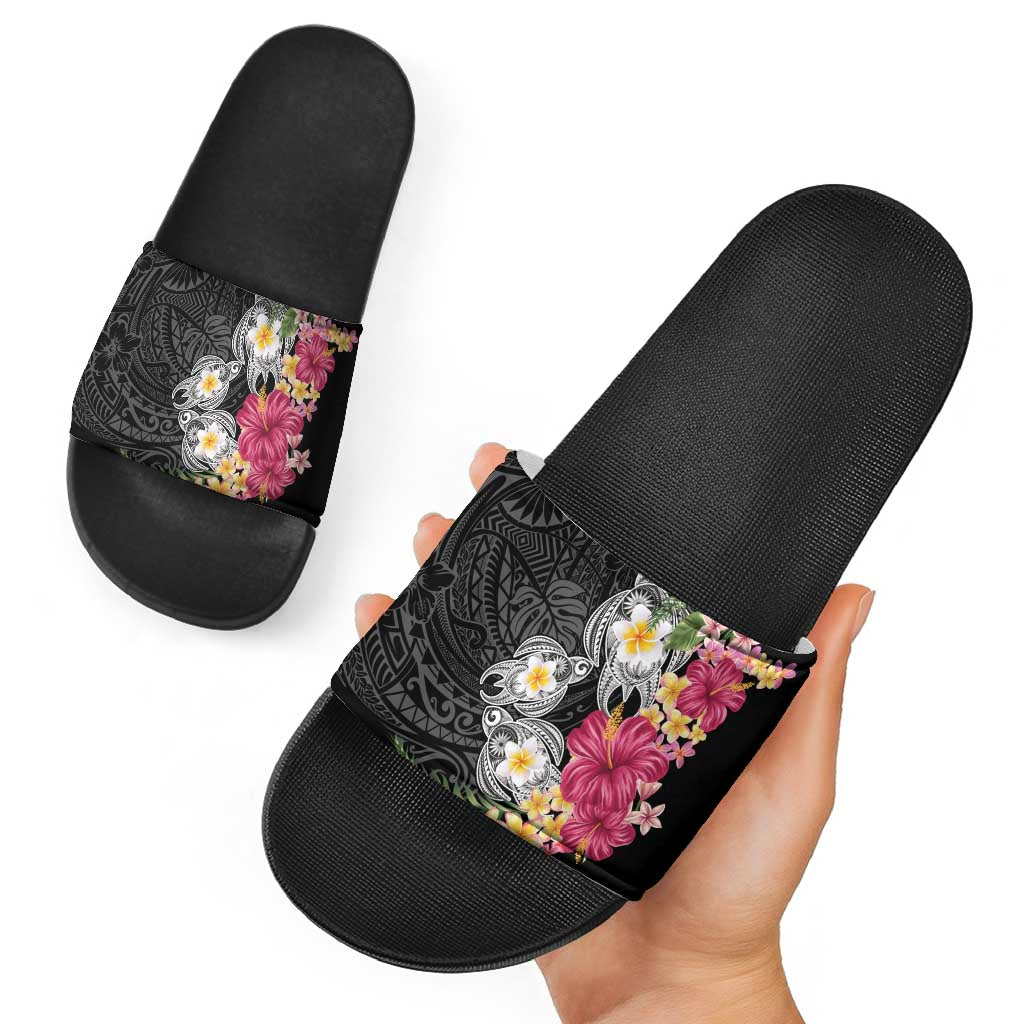 Hawaiian Tropical Flowers and Tribal Turtles Slide Sandals Polynesian Art Motifs Black Color - Polynesian Pride