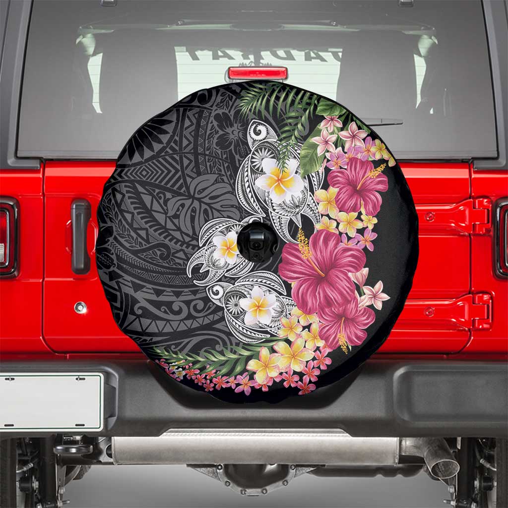 Hawaiian Tropical Flowers and Tribal Turtles Spare Tire Cover Polynesian Art Motifs Black Color - Polynesian Pride