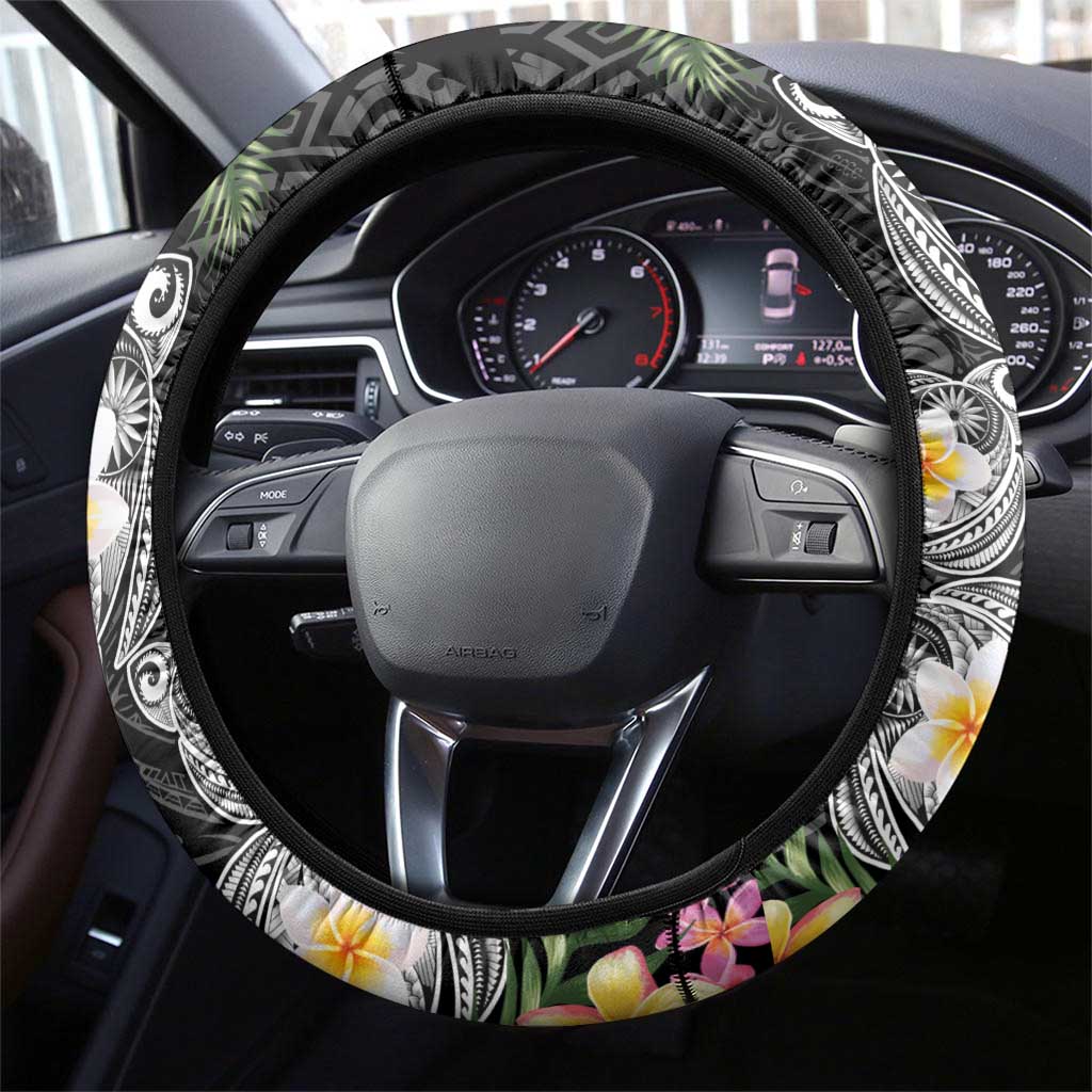 Hawaiian Tropical Flowers and Tribal Turtles Steering Wheel Cover Polynesian Art Motifs Black Color - Polynesian Pride