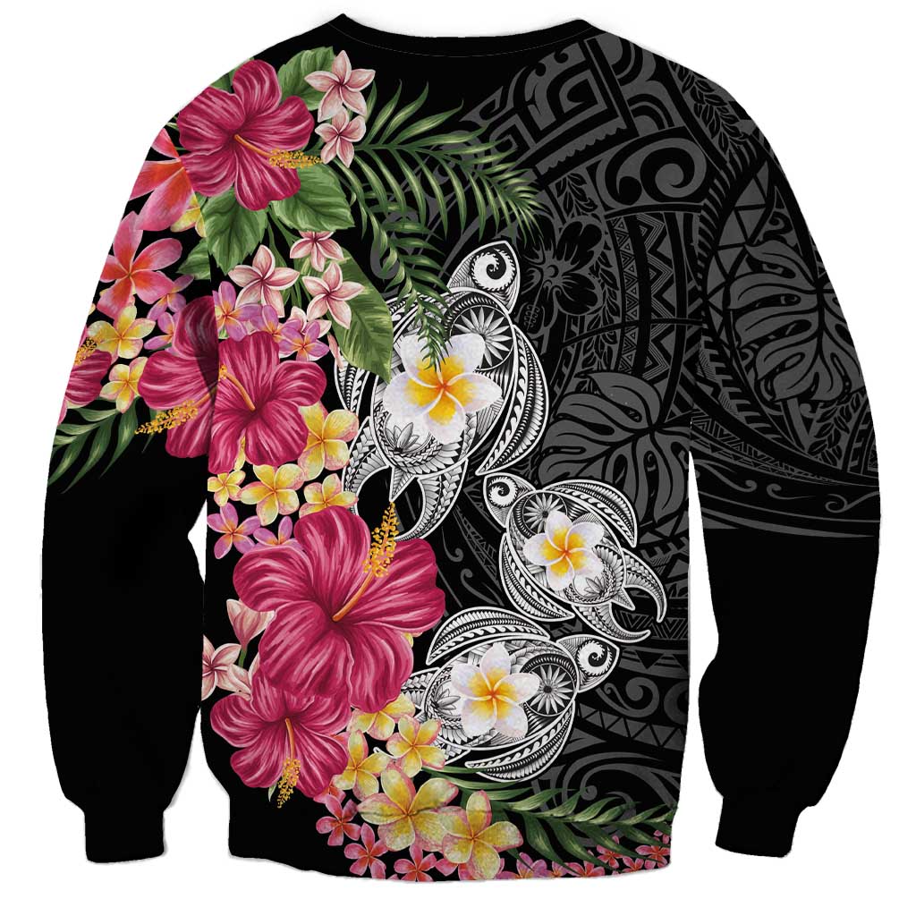 Hawaiian Tropical Flowers and Tribal Turtles Sweatshirt Polynesian Art Motifs Black Color - Polynesian Pride