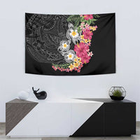 Hawaiian Tropical Flowers and Tribal Turtles Tapestry Polynesian Art Motifs Black Color - Polynesian Pride