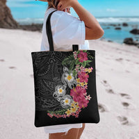 Hawaiian Tropical Flowers and Tribal Turtles Tote Bag Polynesian Art Motifs Black Color - Polynesian Pride