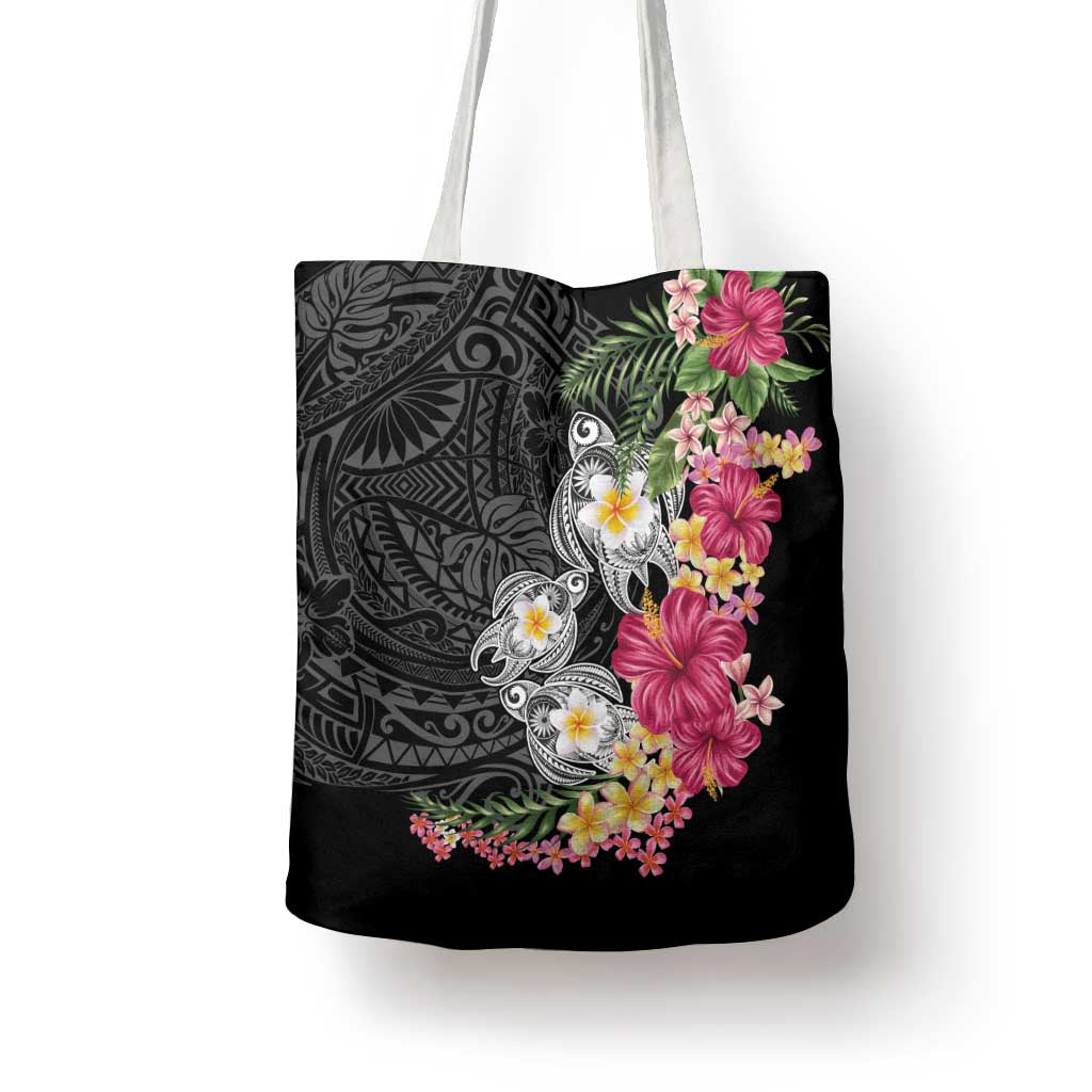Hawaiian Tropical Flowers and Tribal Turtles Tote Bag Polynesian Art Motifs Black Color - Polynesian Pride