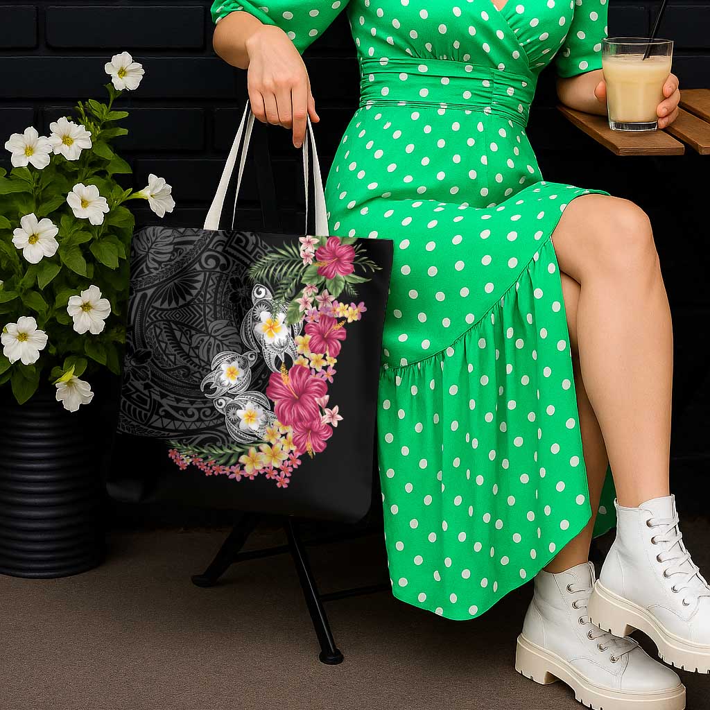 Hawaiian Tropical Flowers and Tribal Turtles Tote Bag Polynesian Art Motifs Black Color - Polynesian Pride