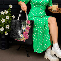 Hawaiian Tropical Flowers and Tribal Turtles Tote Bag Polynesian Art Motifs Black Color - Polynesian Pride