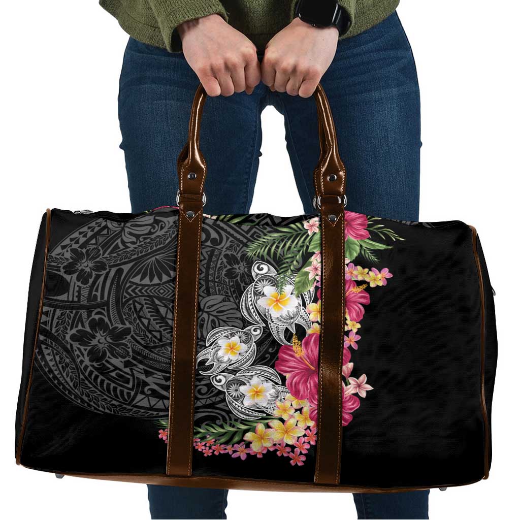 Hawaiian Tropical Flowers and Tribal Turtles Travel Bag Polynesian Art Motifs Black Color - Polynesian Pride