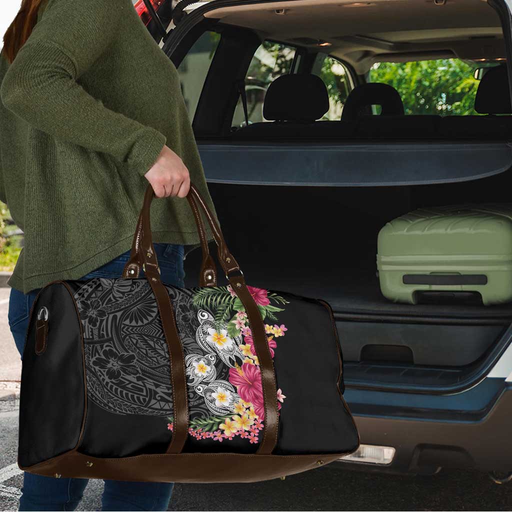 Hawaiian Tropical Flowers and Tribal Turtles Travel Bag Polynesian Art Motifs Black Color - Polynesian Pride