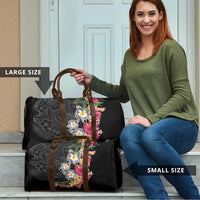 Hawaiian Tropical Flowers and Tribal Turtles Travel Bag Polynesian Art Motifs Black Color - Polynesian Pride