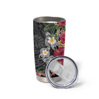 Hawaiian Tropical Flowers and Tribal Turtles Tumbler Cup Polynesian Art Motifs Black Color - Polynesian Pride