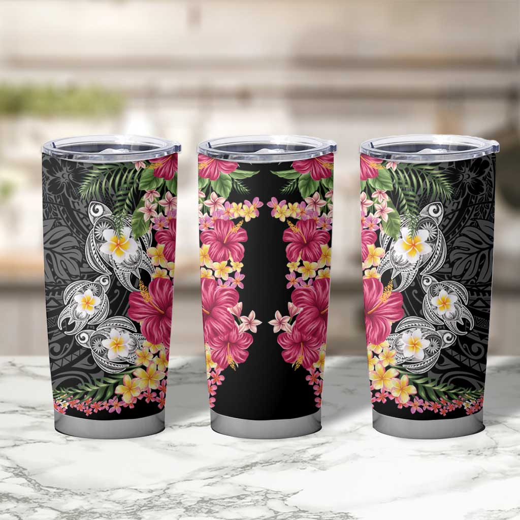 Hawaiian Tropical Flowers and Tribal Turtles Tumbler Cup Polynesian Art Motifs Black Color - Polynesian Pride