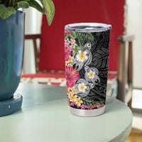 Hawaiian Tropical Flowers and Tribal Turtles Tumbler Cup Polynesian Art Motifs Black Color - Polynesian Pride