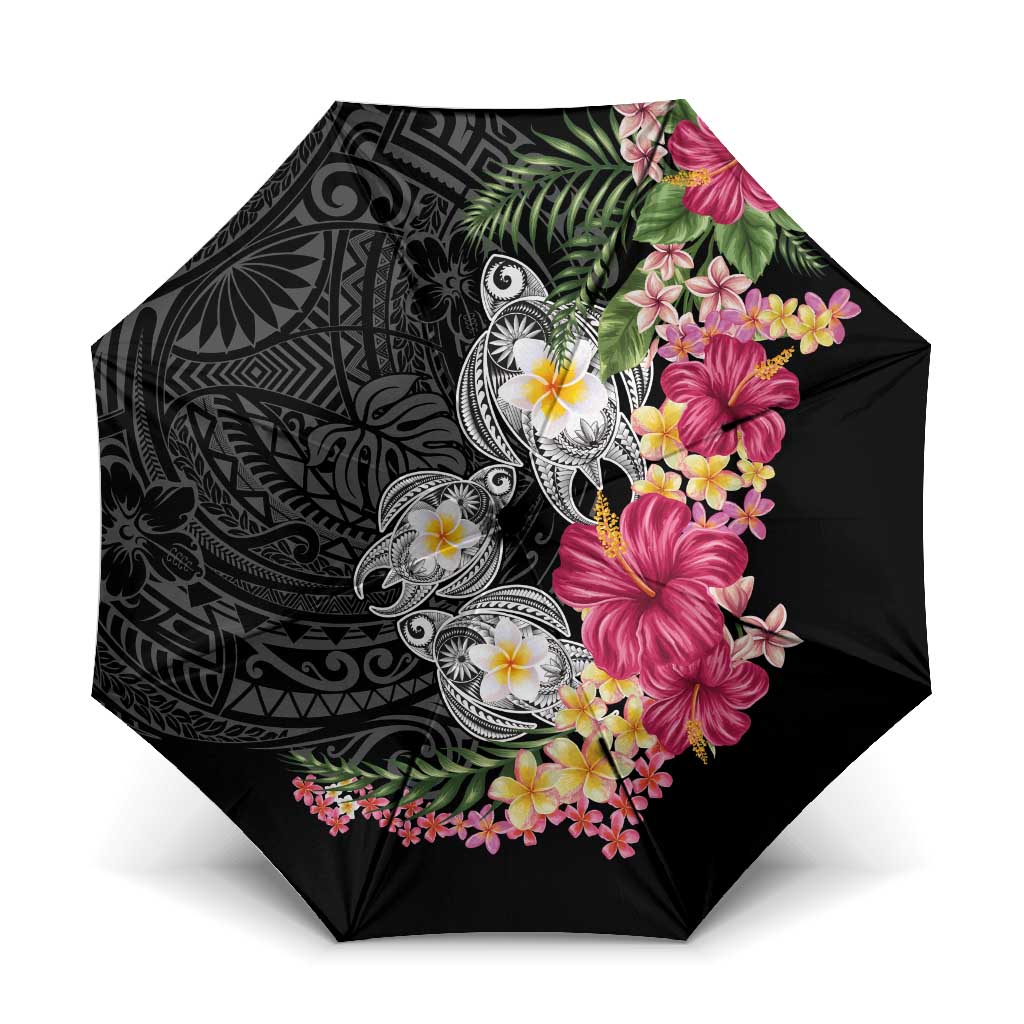 Hawaiian Tropical Flowers and Tribal Turtles Umbrella Polynesian Art Motifs Black Color - Polynesian Pride