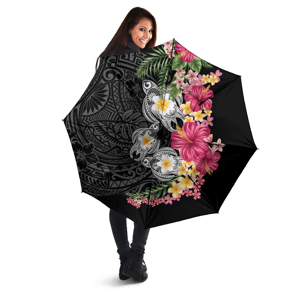 Hawaiian Tropical Flowers and Tribal Turtles Umbrella Polynesian Art Motifs Black Color - Polynesian Pride