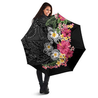 Hawaiian Tropical Flowers and Tribal Turtles Umbrella Polynesian Art Motifs Black Color - Polynesian Pride