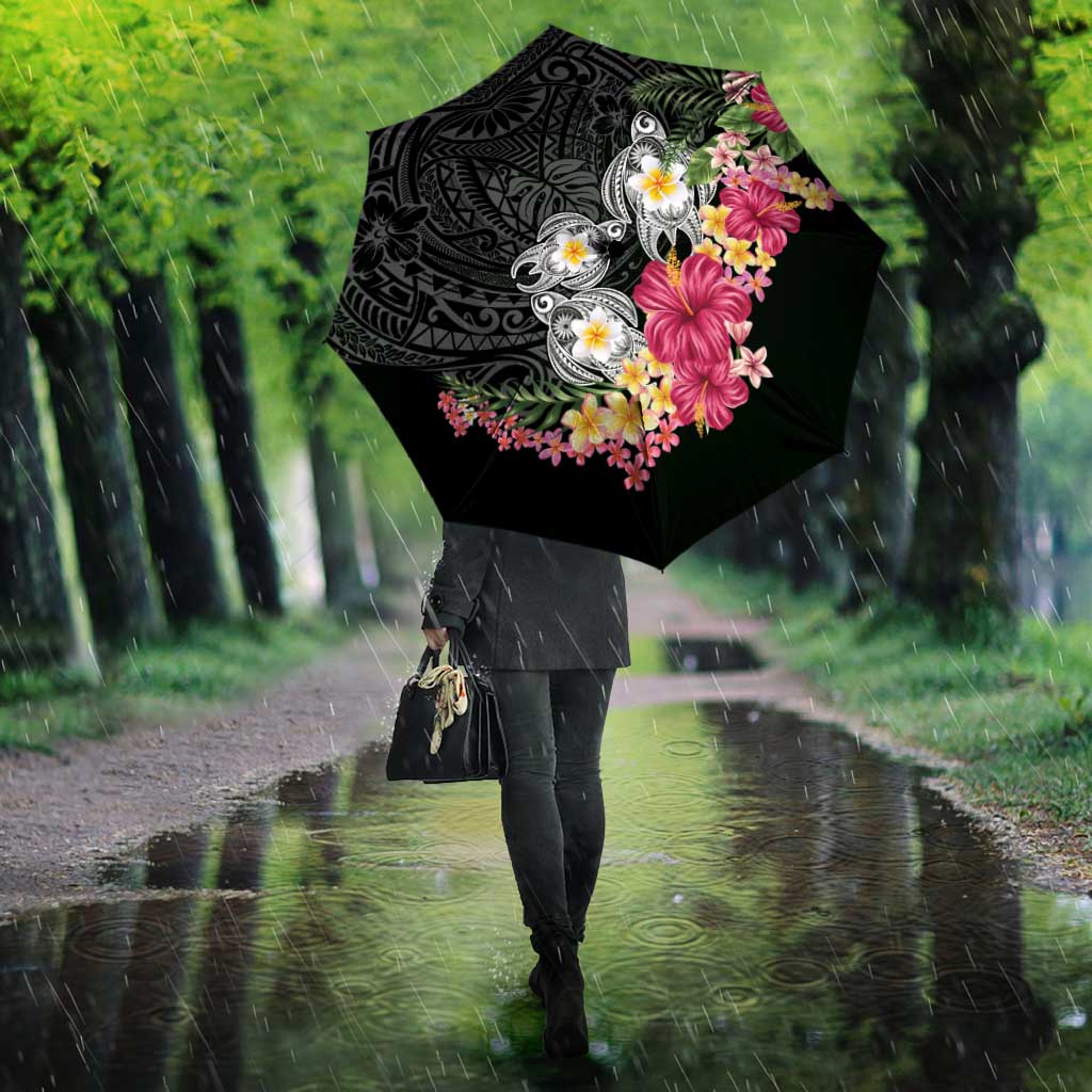 Hawaiian Tropical Flowers and Tribal Turtles Umbrella Polynesian Art Motifs Black Color - Polynesian Pride