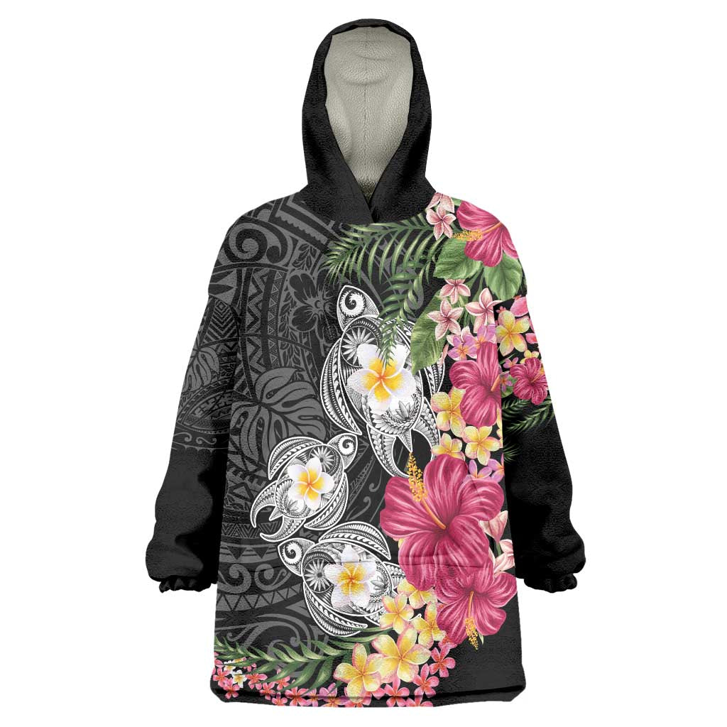 Hawaiian Tropical Flowers and Tribal Turtles Wearable Blanket Hoodie Polynesian Art Motifs Black Color - Polynesian Pride