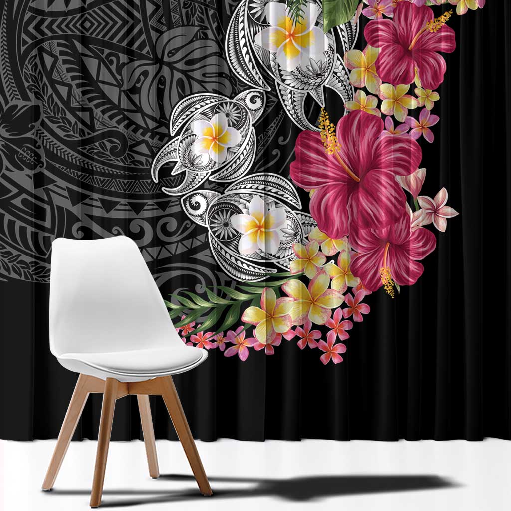 Hawaiian Tropical Flowers and Tribal Turtles Window Curtain Polynesian Art Motifs Black Color - Polynesian Pride
