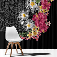 Hawaiian Tropical Flowers and Tribal Turtles Window Curtain Polynesian Art Motifs Black Color - Polynesian Pride