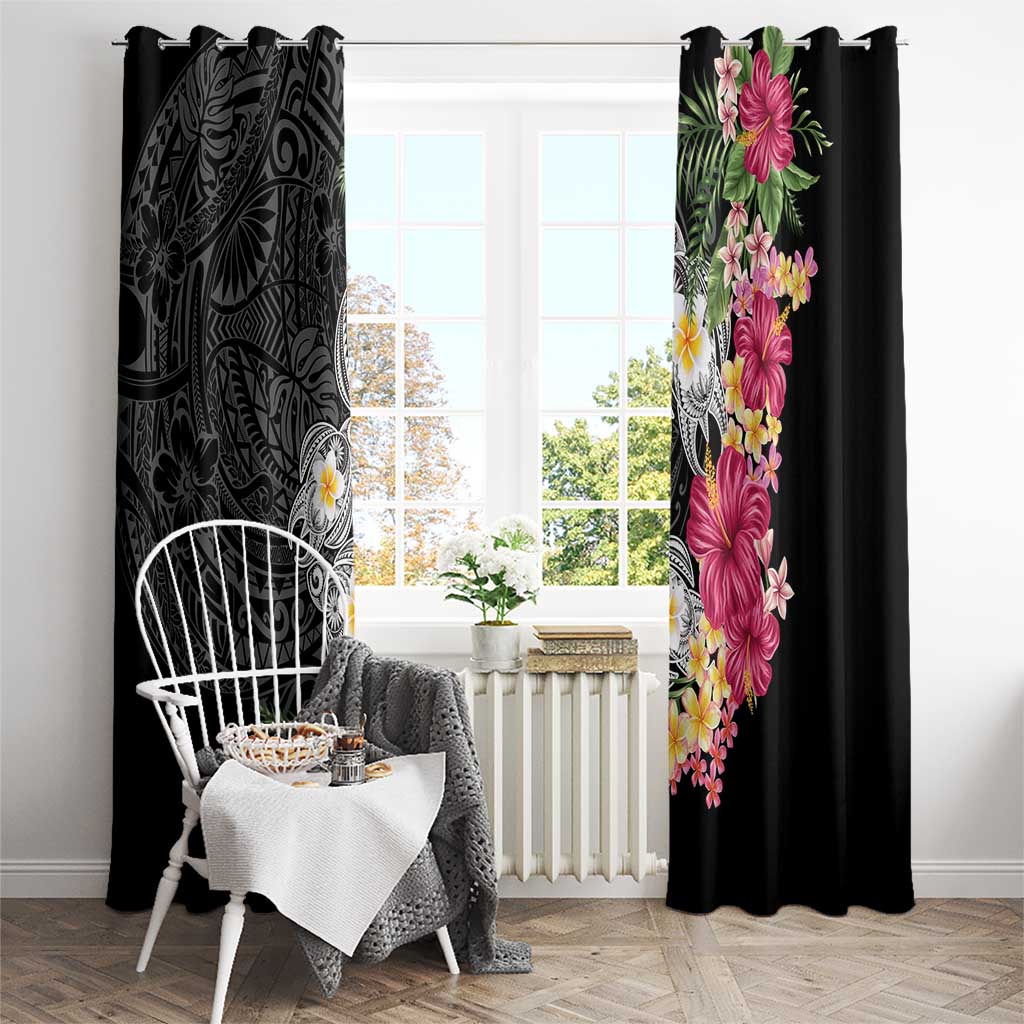 Hawaiian Tropical Flowers and Tribal Turtles Window Curtain Polynesian Art Motifs Black Color - Polynesian Pride