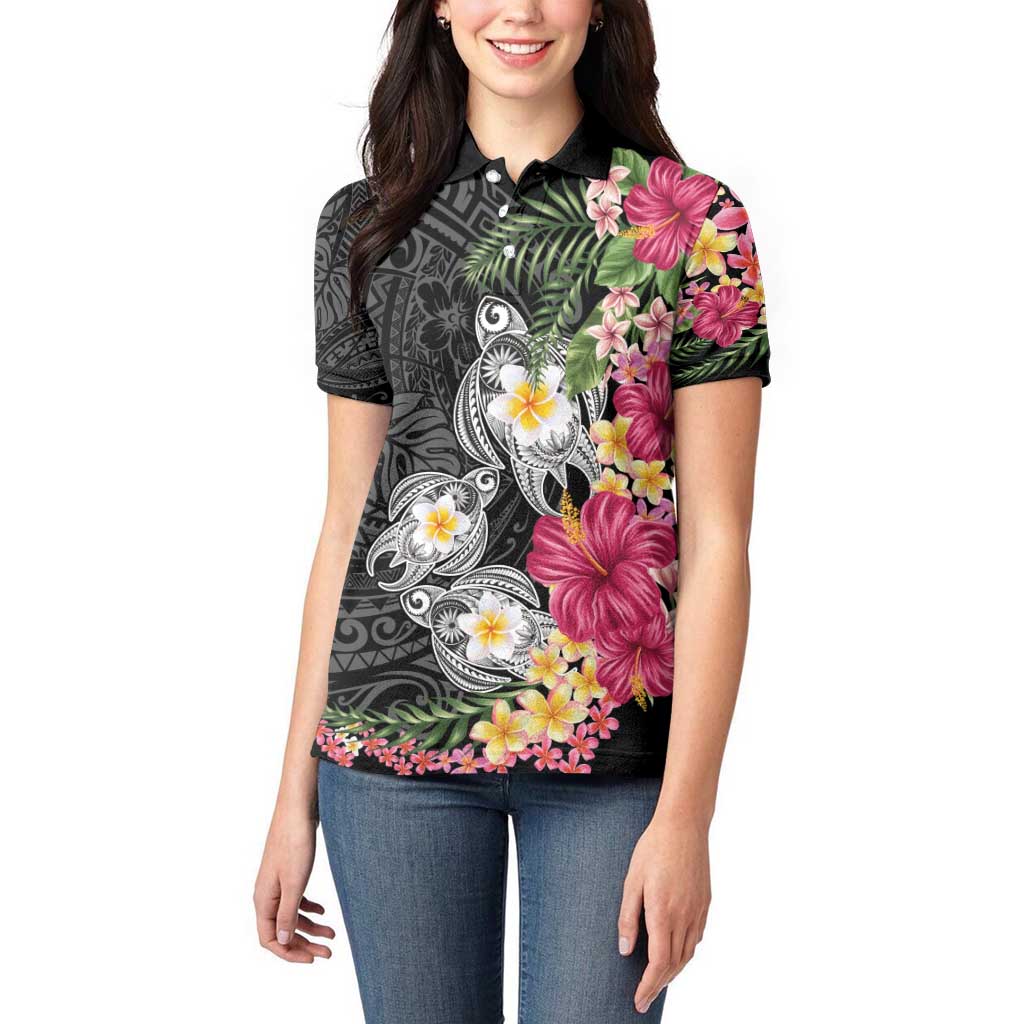 Hawaiian Tropical Flowers and Tribal Turtles Women Polo Shirt Polynesian Art Motifs Black Color - Polynesian Pride