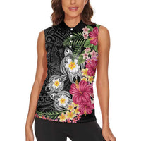 Hawaiian Tropical Flowers and Tribal Turtles Women Sleeveless Polo Shirt Polynesian Art Motifs Black Color - Polynesian Pride